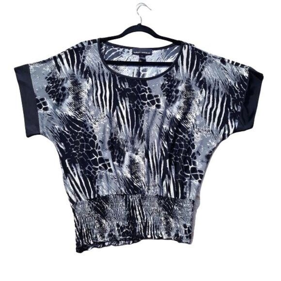 Isabella Rodriguez Top Scoop Neck Kimono Sleeve Multi Animal Print Black Gray - Picture 11 of 11